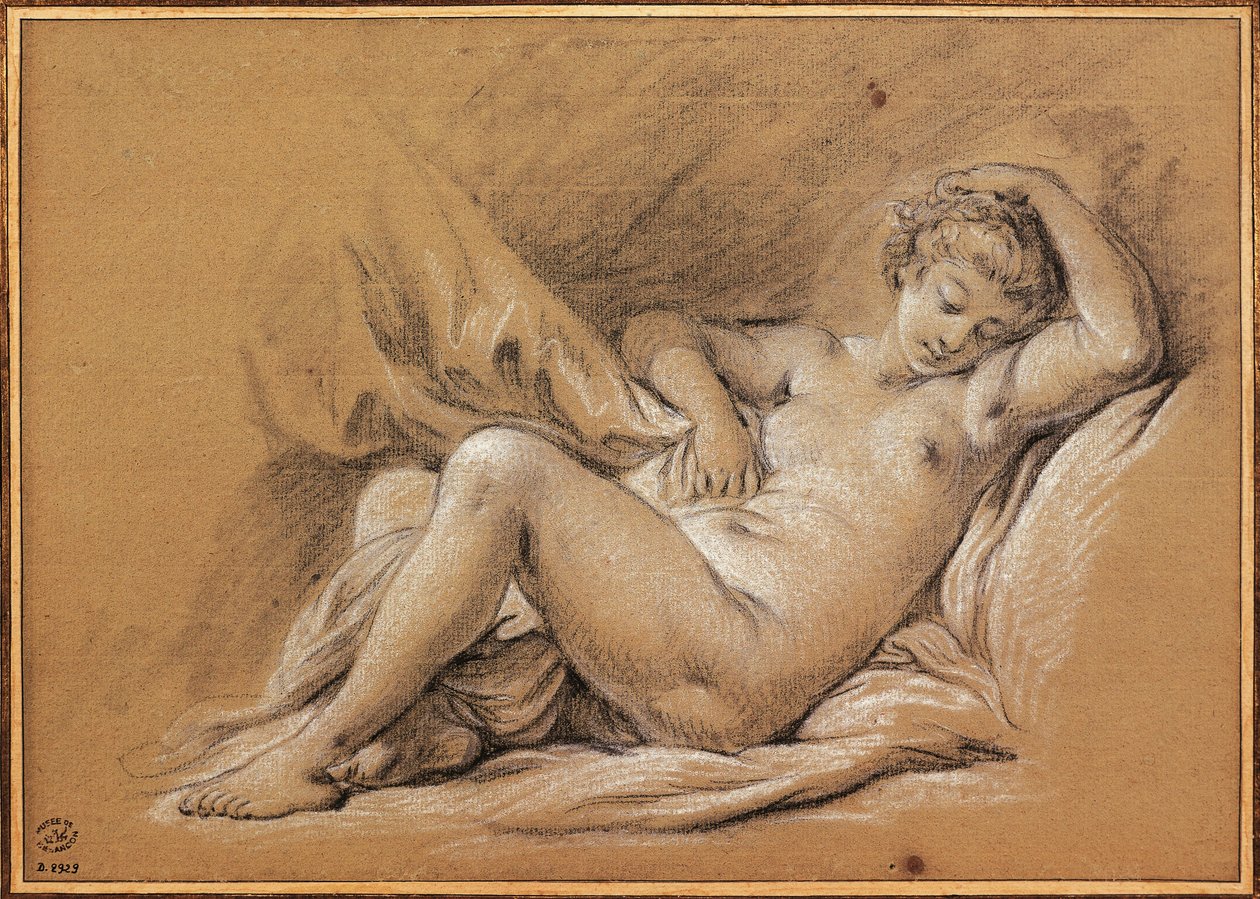 Frankrig, Chinoseries, tegning af kvinde nøgen på en seng (tegning) af François Boucher