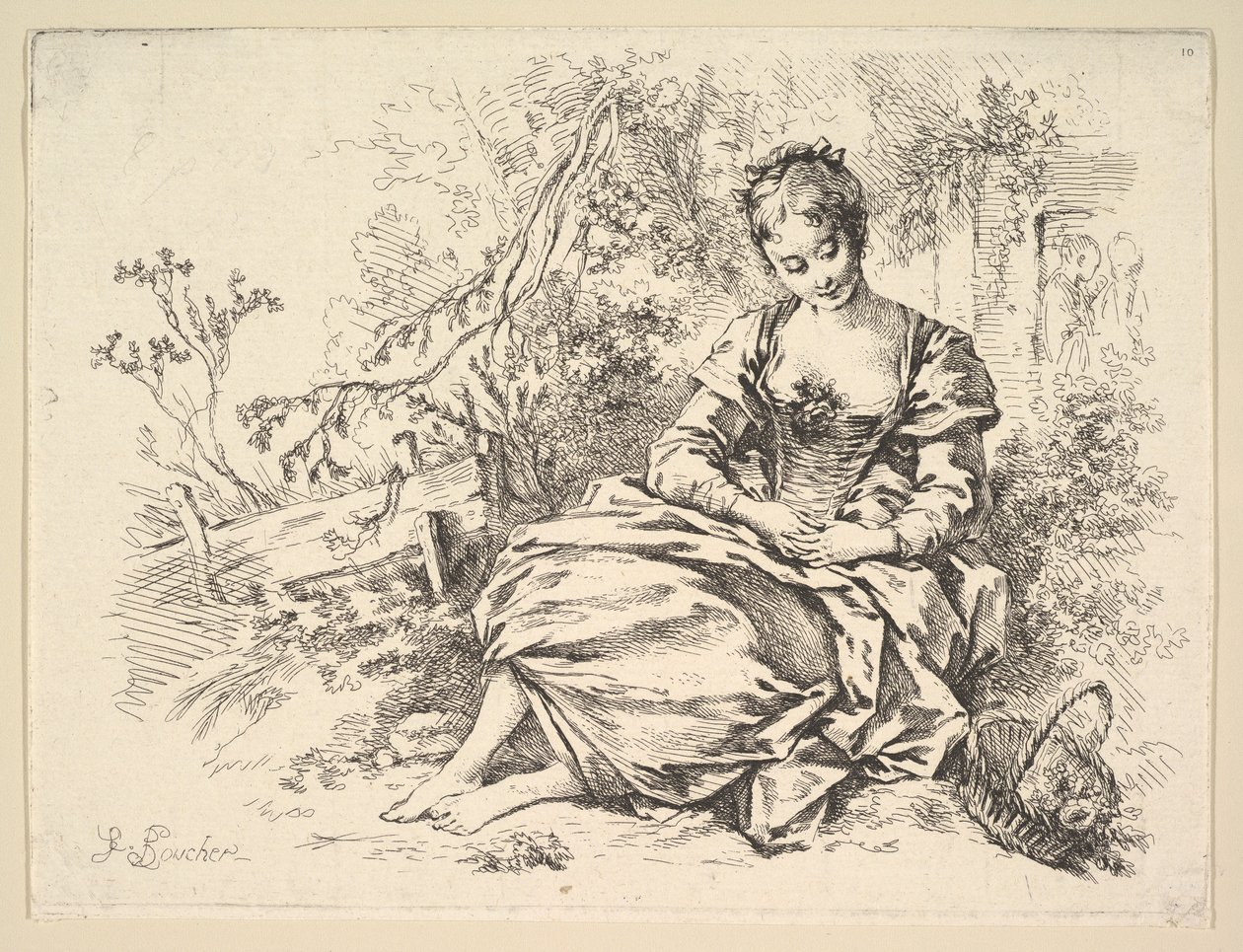 Pige i et landskab med en kurv med blomster af François Boucher