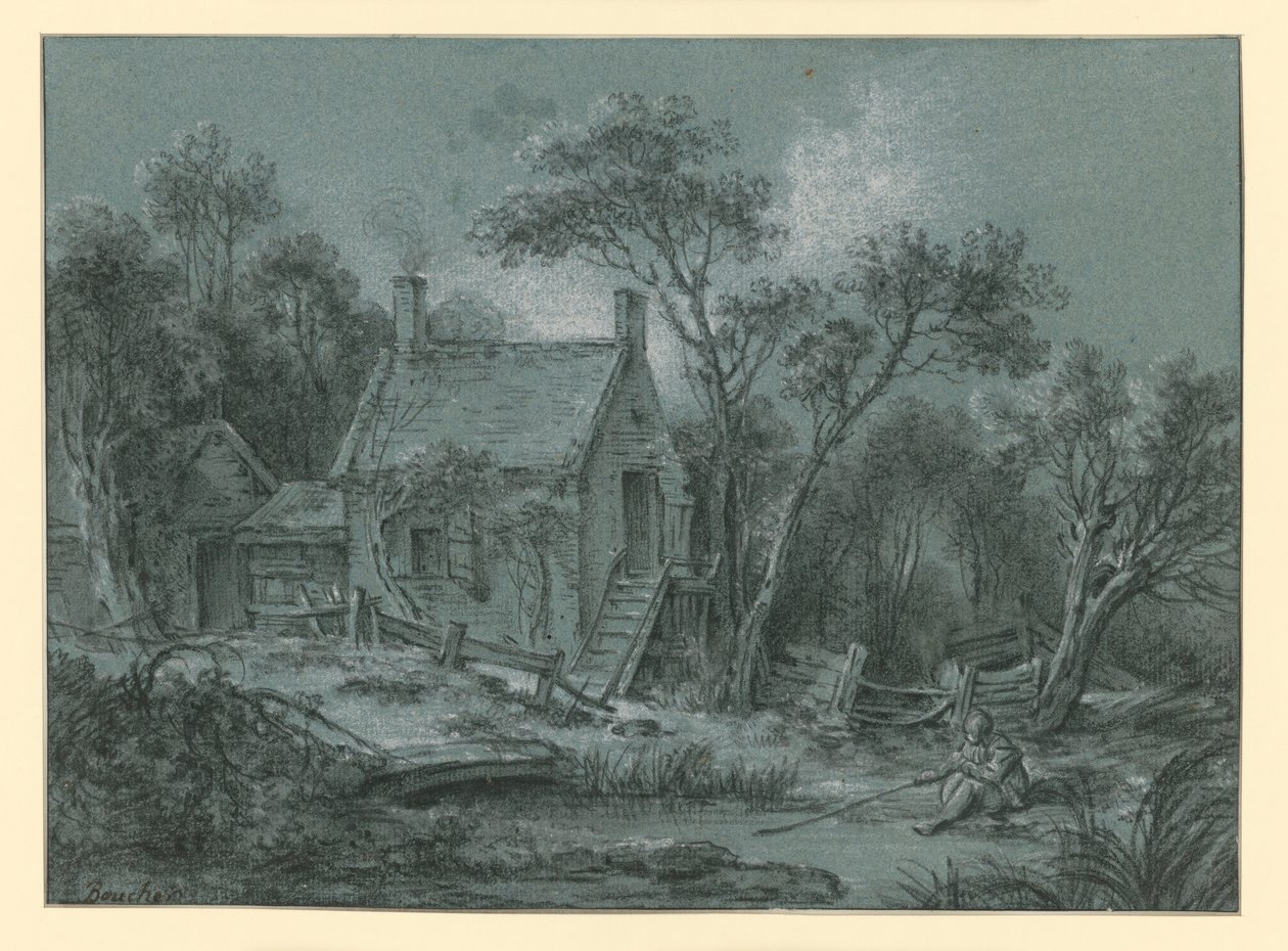 Et hus med en trappe mellem træerne, og foran det står en lystfisker af François Boucher