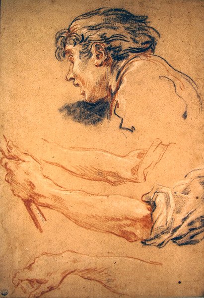 Hovedet af en hyrdedreng og studier af hans hånd og arm (sort, rød og hvid kridt på papir) af François Boucher