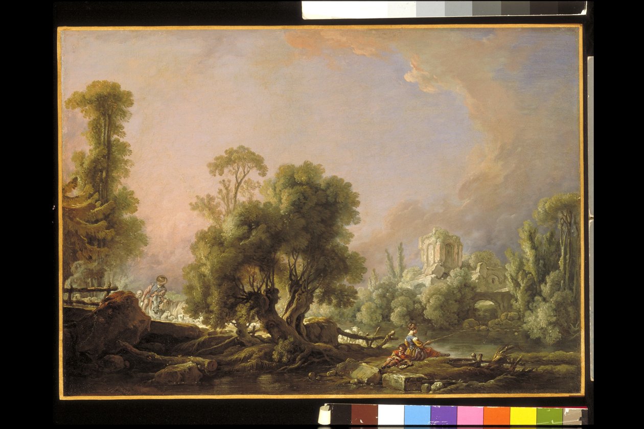 Idyllisk landskab med kvindefiskeri (olie på lærred) af François Boucher