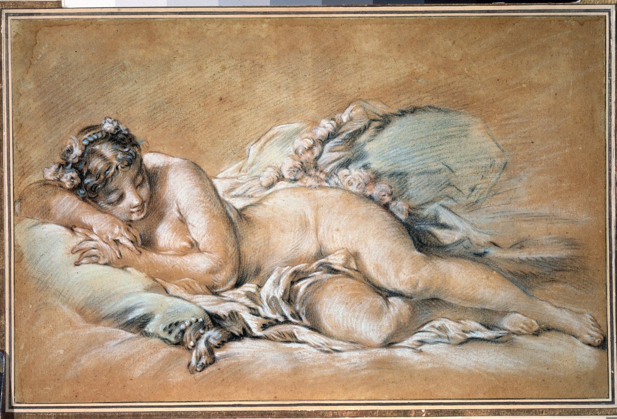 ""ung sovende kvinde"" (Sovende ung kvinde) Sanguine og pastel af Francois Boucher (1703-1770) 1758 Pushkin Museum, Moskva af François Boucher