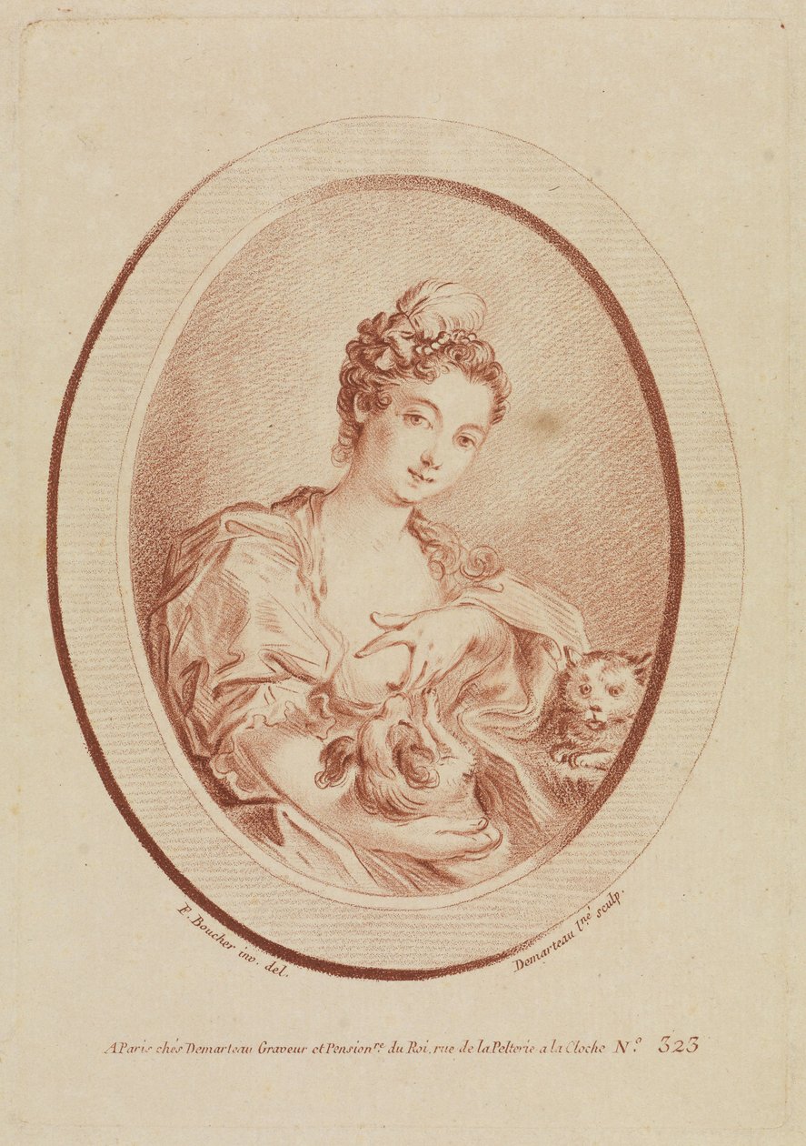 Ung kvinde med en skødehund og en killing af François Boucher