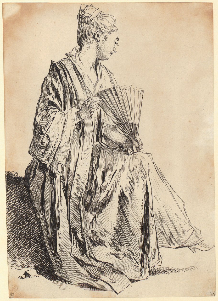Ung siddende kvinde, der leger med en vifte af François Boucher