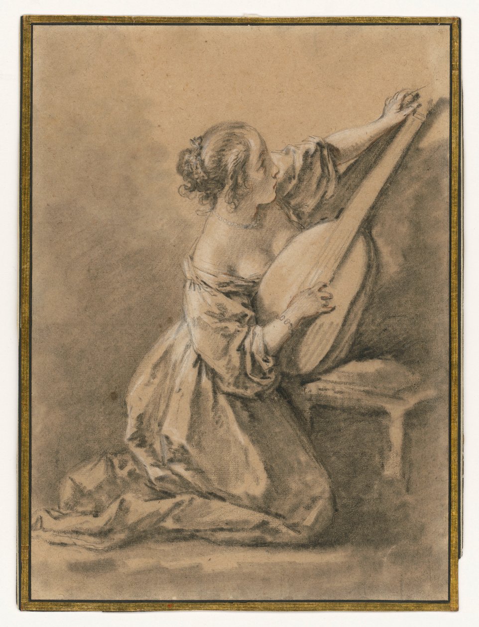 En ung kvinde, der sidder på knæ og stemmer en lut af François Boucher