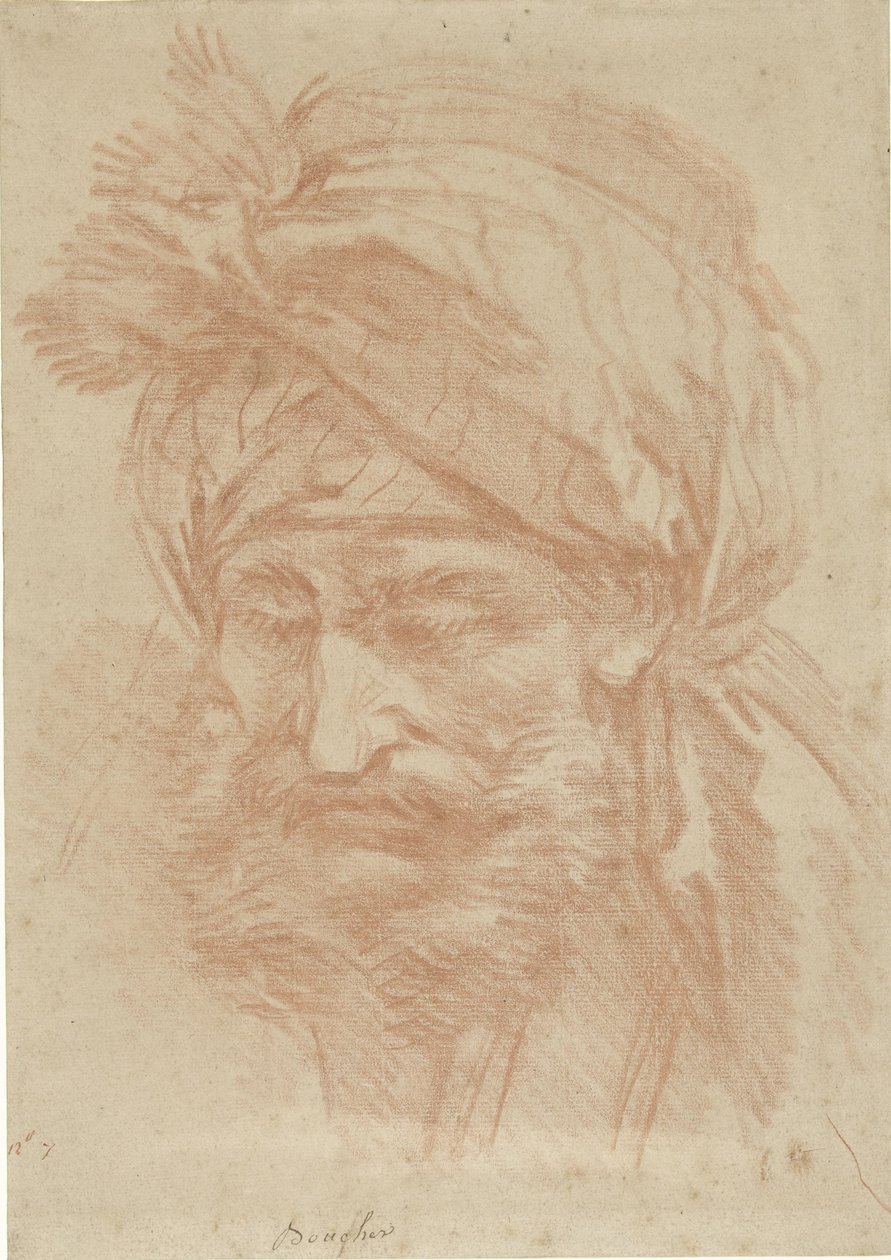 Hovedet af en skægget østlig mand med turban, set forfra, med blikket rettet nedad af François Boucher