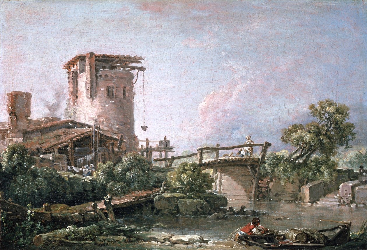 Landskab med tårn og bro af François Boucher