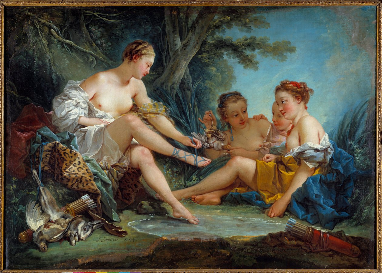 Le retour de la chasse de Diane Maleri af Francois Boucher (1703-1770) 1745 Søn. 0,94x1,31 m Paris. Musee Cognacq Jay - Genkomsten af jagten på Diane. Maleri af Francois Boucher (1703-1770) 1745. 0,94 x 1,31 m. Cognacq Jay Museum, Paris af François Boucher