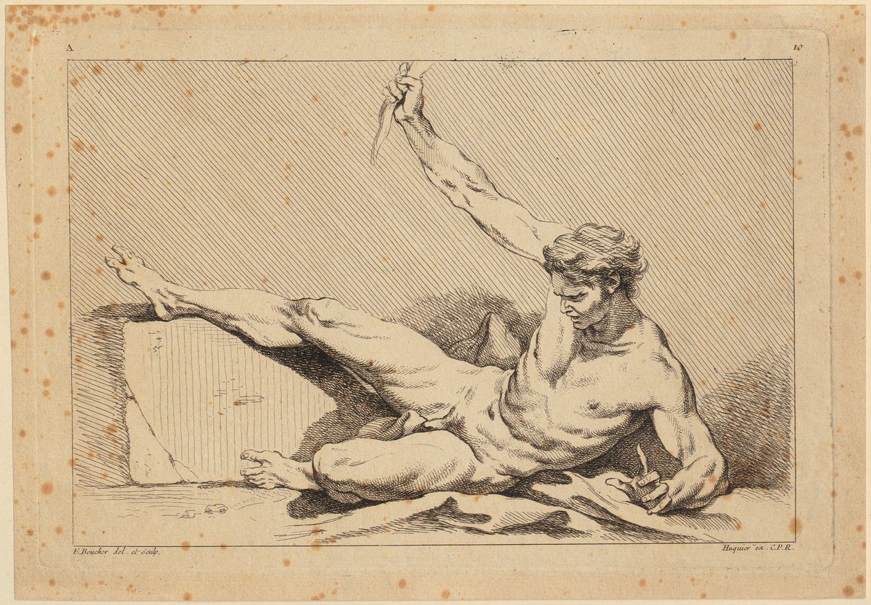 Liggende mandlig nøgenfigur, blad 10 fra »Second livre de figures d