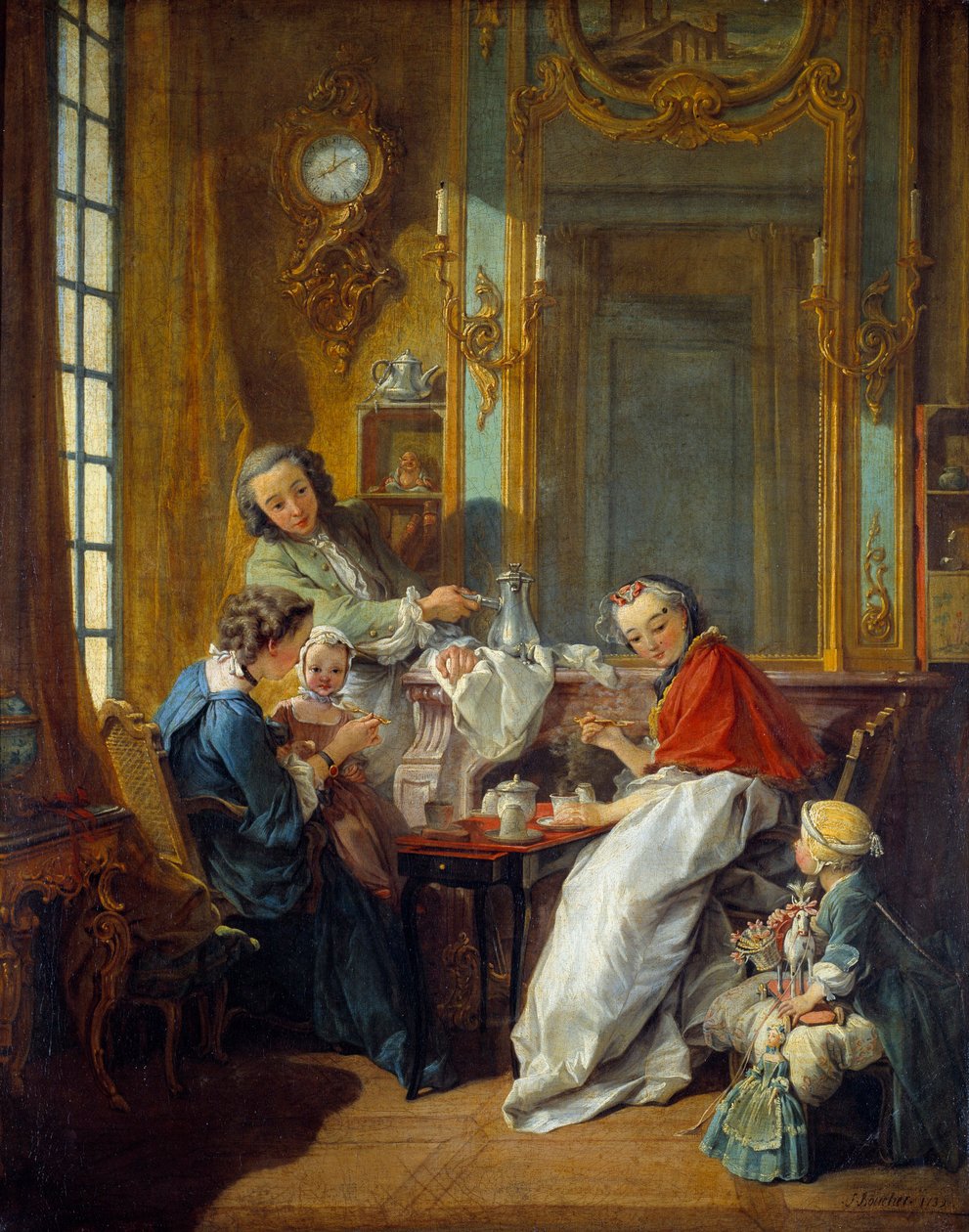 Frokostscene i et borgerligt interiør. Maleri af Francois Boucher (1703-1770) 1739 søn. 0,81x0,65 m af François Boucher