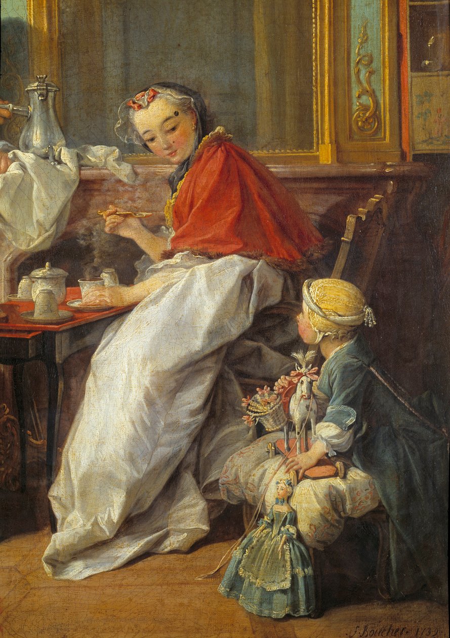 Mor og datter. Detalje af "" Morgenmad"". En pige og hendes dukker ser sin mor drikke varm chokolade. Maleri af Francois Boucher (1703-1770) af François Boucher