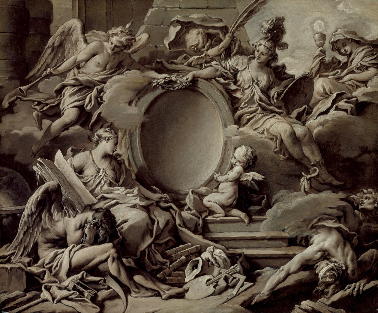 Projekt til en kartouche: En allegori over Minerva, berømmelse, historie og tro, der overvinder uvidenhed og tiden af François Boucher