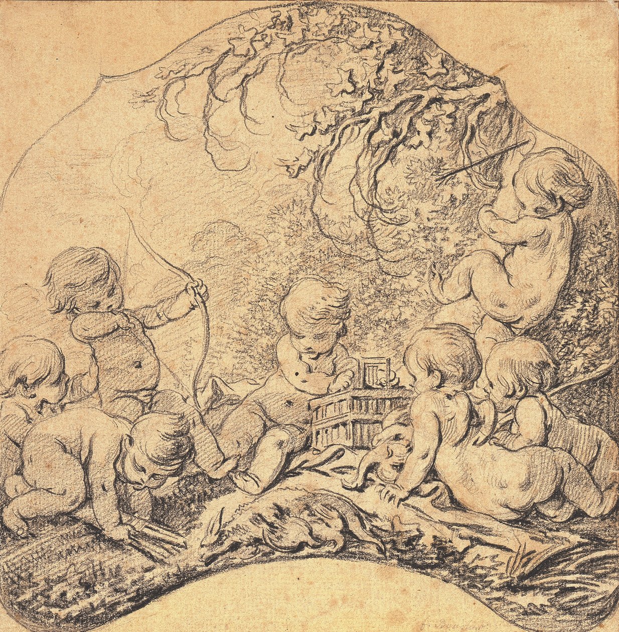 Putti i et landskab skyder pile og åbner et bur, et jagttrofæ i forgrunden (sort kridt på papir) af François Boucher