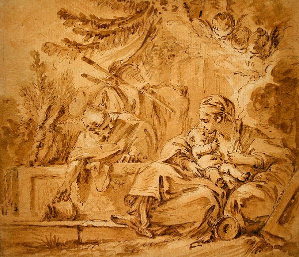Hvil på flyveturen til Egypten (pen og brunt blæk med lyserøde og brune vaske på papir) af François Boucher