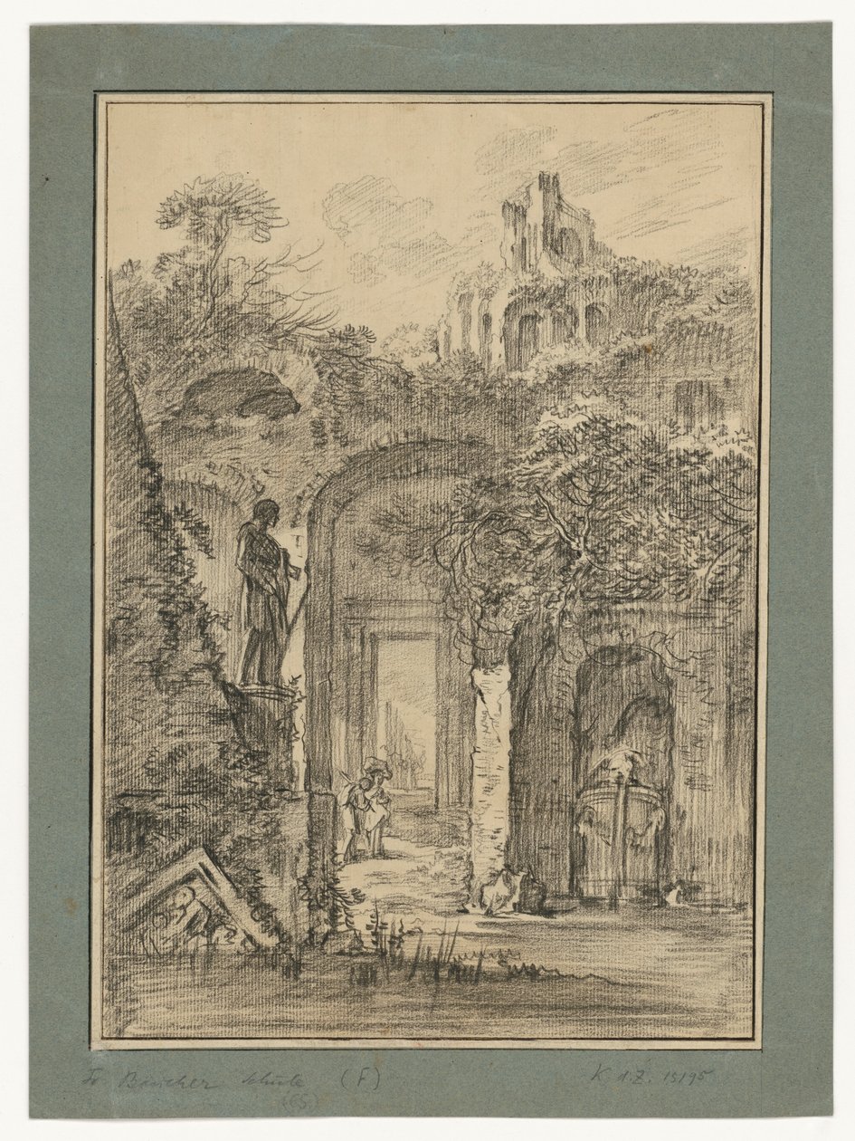 Et landskab med romerske ruiner og enkelte figurer af François Boucher