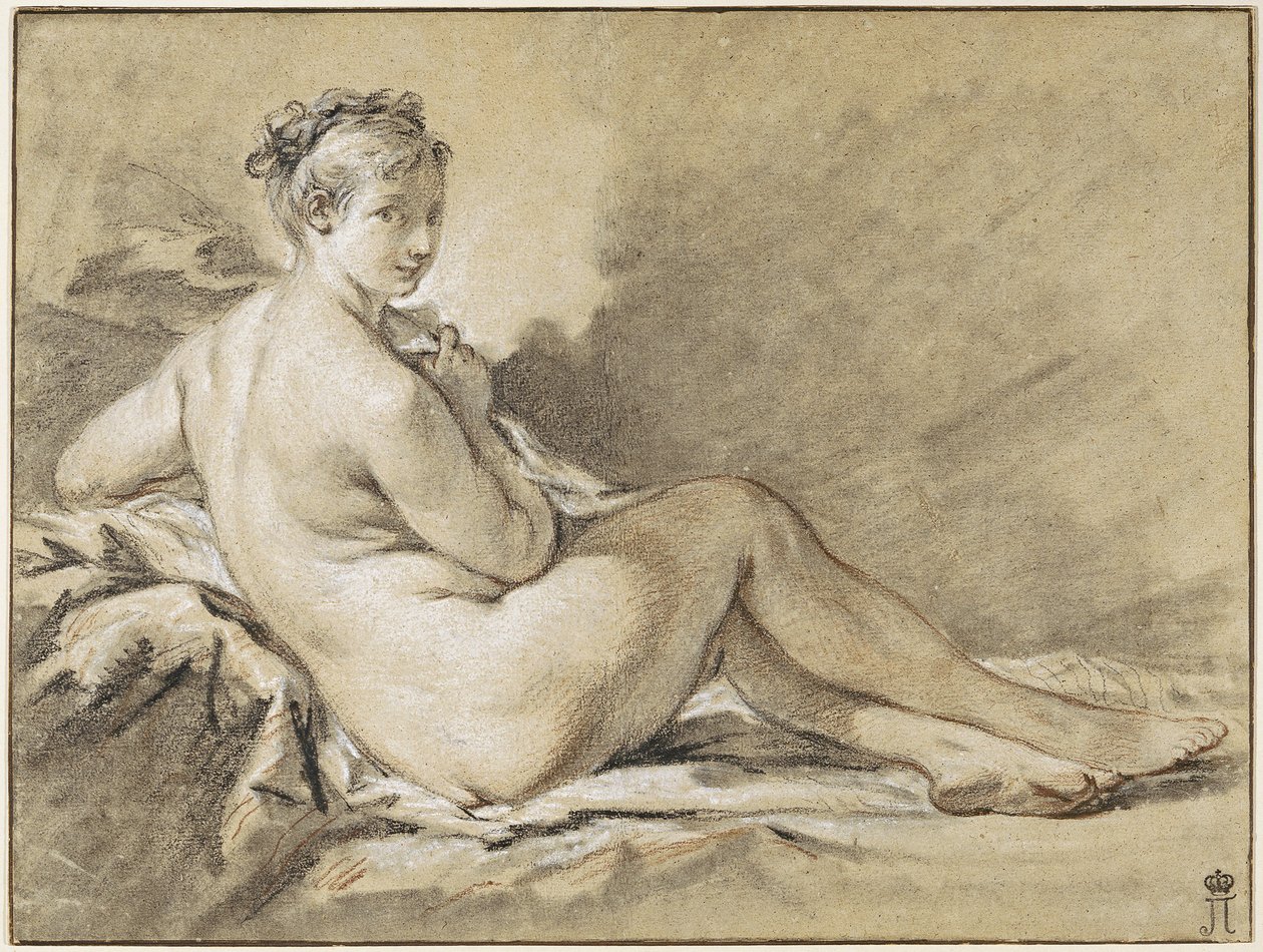 Studie af en nøgen kvinde - Francois Boucher (1703-1770). Sanguine, sort og hvid kridt på papir af François Boucher