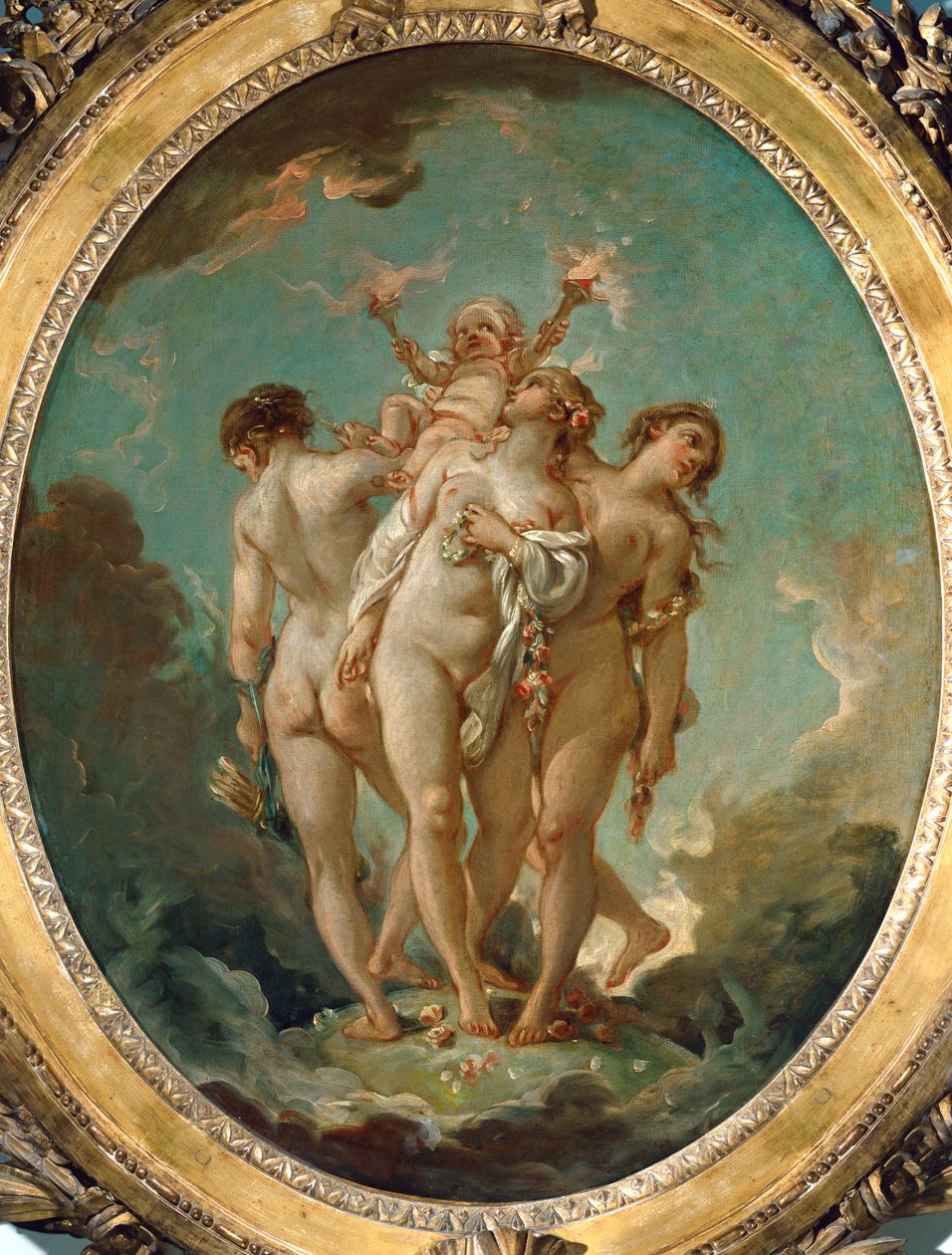 De tre nådegaver, der bærer Amor, kærlighedens Gud ... af François Boucher