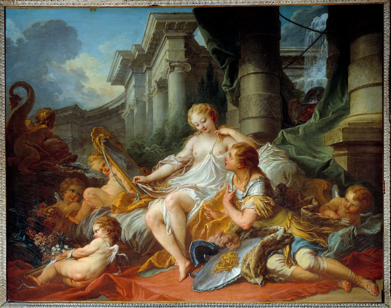 Renauds og Armides kærlighed Illustration af en scene af "La Jerusalem delivree" (La gerusalemme liberata) af Torquato Tasso (kendt som kruset). Den fortryllende Armide omgivet af meget symbolske Amours seduit ved hjælp af sit magiske spejl, ridderen Re af François Boucher
