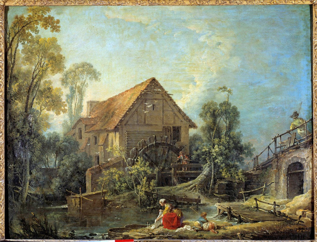 Møllen En kvinde vasker vasketøjet i åen nær en vandmølle. Maleri af Francois Boucher (1703-1770) 1751 søn. 0,66 x 0,84 m. - Møllen. En kvinde vasker tøj i åen nær en vandmølle. Maleri af Francois Boucher (1703-1770) 1751. 0,66 af François Boucher