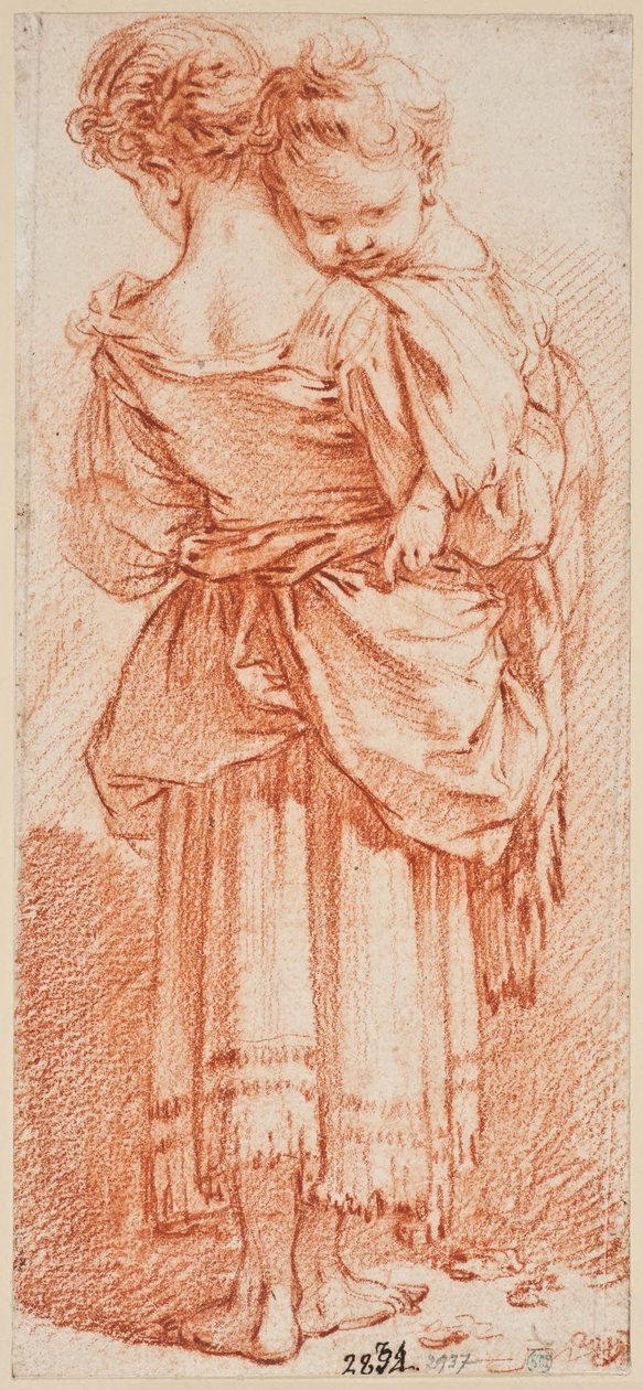 Ung kvinde med et barn på armen, set bagfra af François Boucher