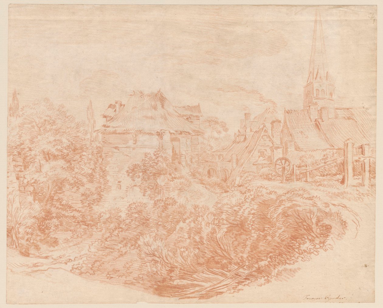 Udsigt over landsbyens bygninger og kirkens tårn af François Boucher