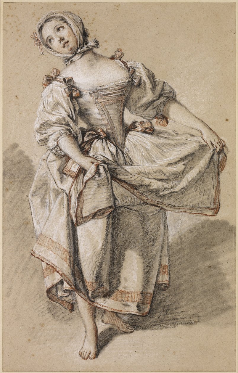 Ung landpige danser, ca. 1765-70 (sort, rød og hvid kridt og stub på buff-lagt papir) af François Boucher