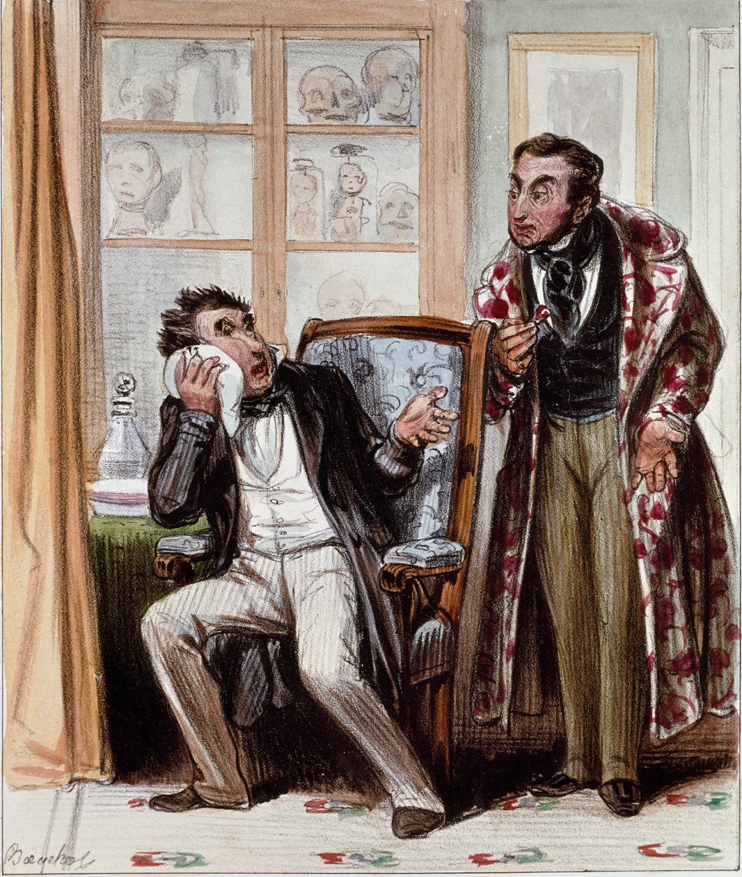Tandlæge. Tegneserie af en patient med et raseri af tænder kom for at konsultere en tandlæge. Gravering af Bouchot, ca. 1830. Paris, Musee Carnavalet. af Francois Bouchot