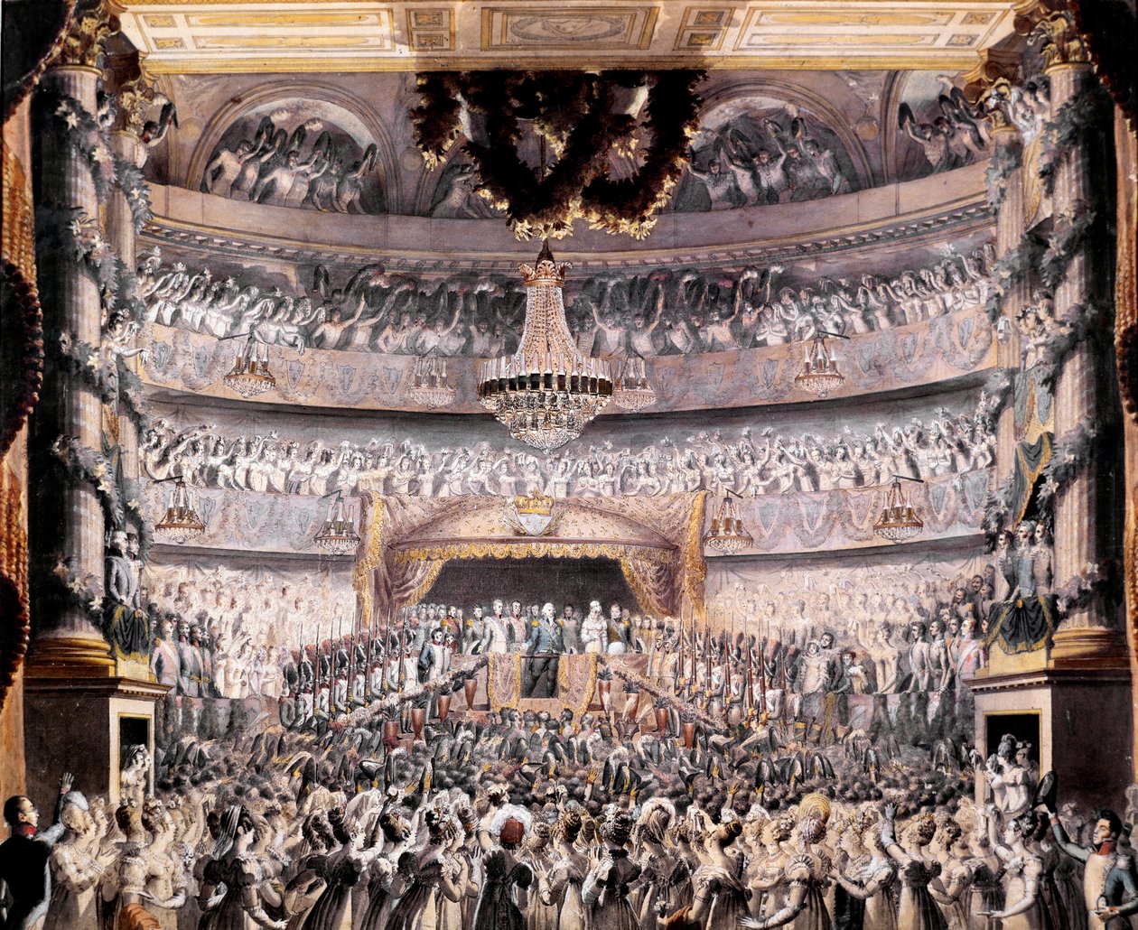 Ludvig XVIII (1755-1824) deltager i teatret i Odeon ved en fest afholdt af Nationalgarden i Paris i 1819 Tegning af Francois Buffet (1789-1843) Søn. 36x44 cm Versailles, musee du chateau af Francois Buffet