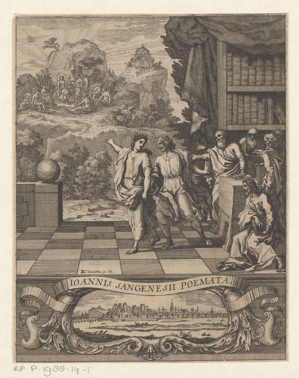 Allegorisk kvindeskikkelse peger ung mand til Mount Parnassus Titelside for: Jean de Saint-Genies, Ioannis Sangenesii Poëmata, 1654 af Francois Chauveau
