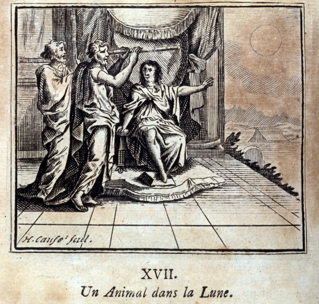 Et dyr på månen. Fabler af Jean de La Fontaine (1621-95). Illustration af François Chauveau (1613-1676). Udgave af 1728. af Francois Chauveau