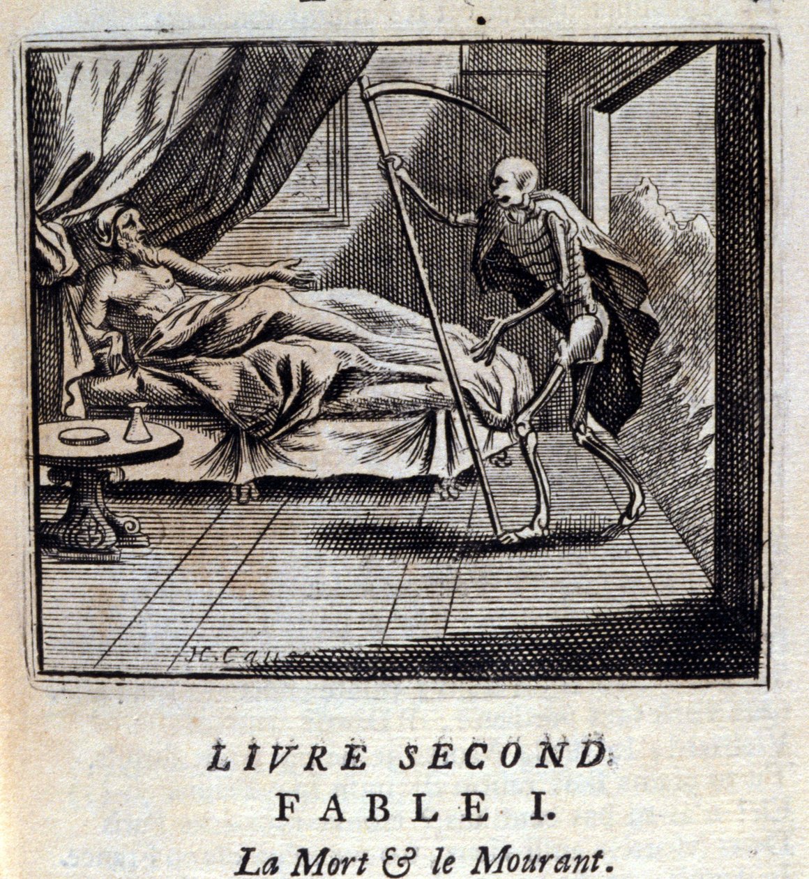 Død og Død. Fabler af Jean de La Fontaine (1621-95). Illustration af Francois Chauveau (1613-1676). Udgave af 1728. af Francois Chauveau
