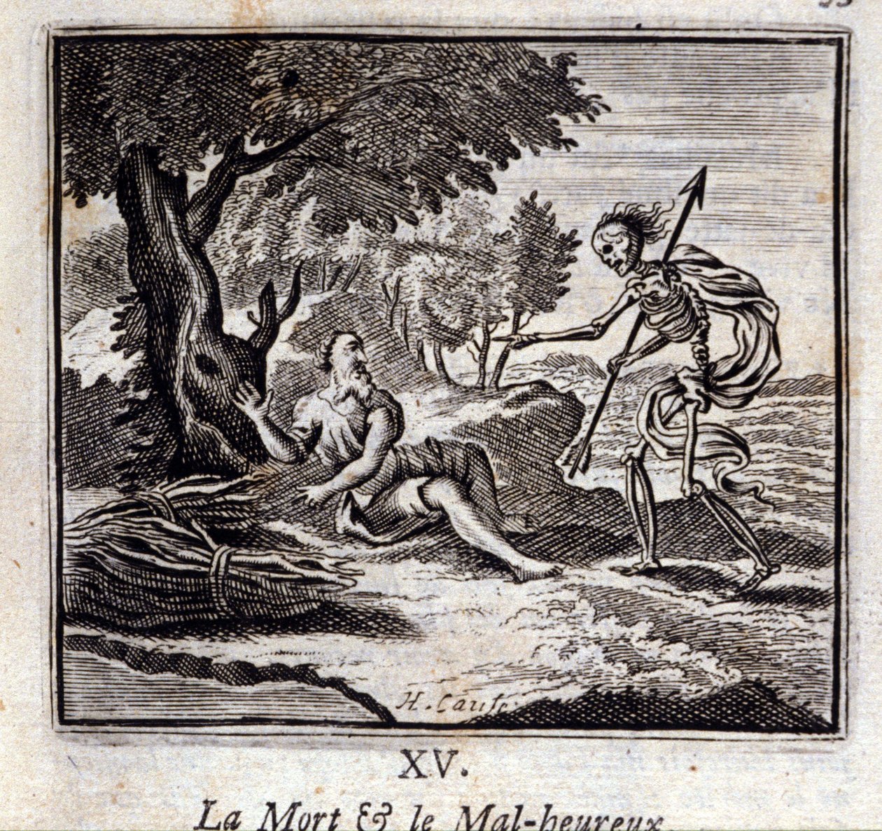 Døden og de ulykkelige. Fabler af Jean de La Fontaine (1621-95). Illustration af Francois Chauveau (1613-1676). Udgave af 1728. af Francois Chauveau