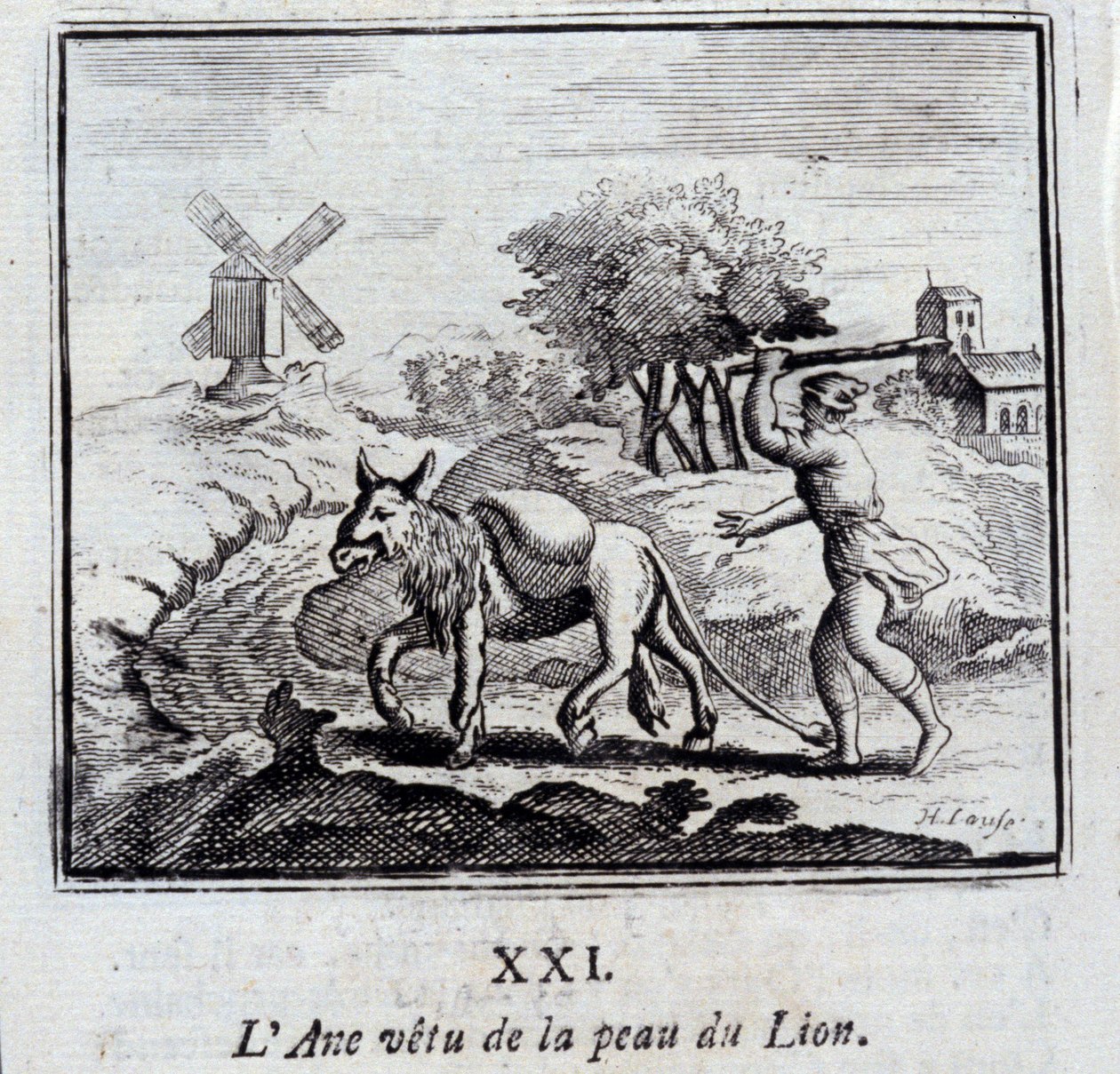 Æsel iført løvens hud. Fabler af Jean de La Fontaine (1621-95). Illustration af François Chauveau (1613-1676). Udgave af 1728. af Francois Chauveau