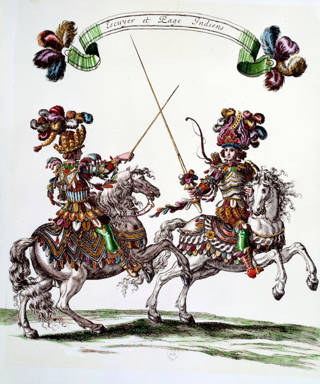 Indisk Ecuyer og side under karrusellen givet af kong Ludvig XIV (1638-1715) i 1662 til Tuilerierne for at fejre Dauphins fødsel. Gravering af Francois Chauveau (1613-1676) 1600-tallets privatsamling af Francois Chauveau