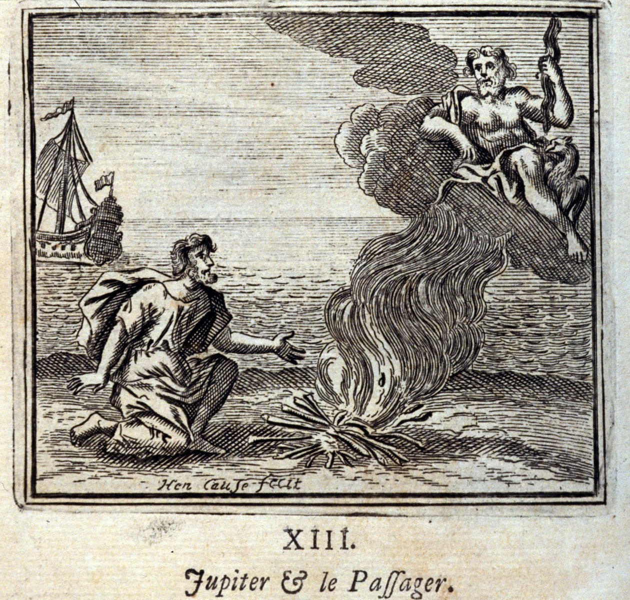 Jupiter og passageren. Fabler af Jean de La Fontaine (1621-95). Illustration af Francois Chauveau (1613-1676). Udgave af 1728. af Francois Chauveau