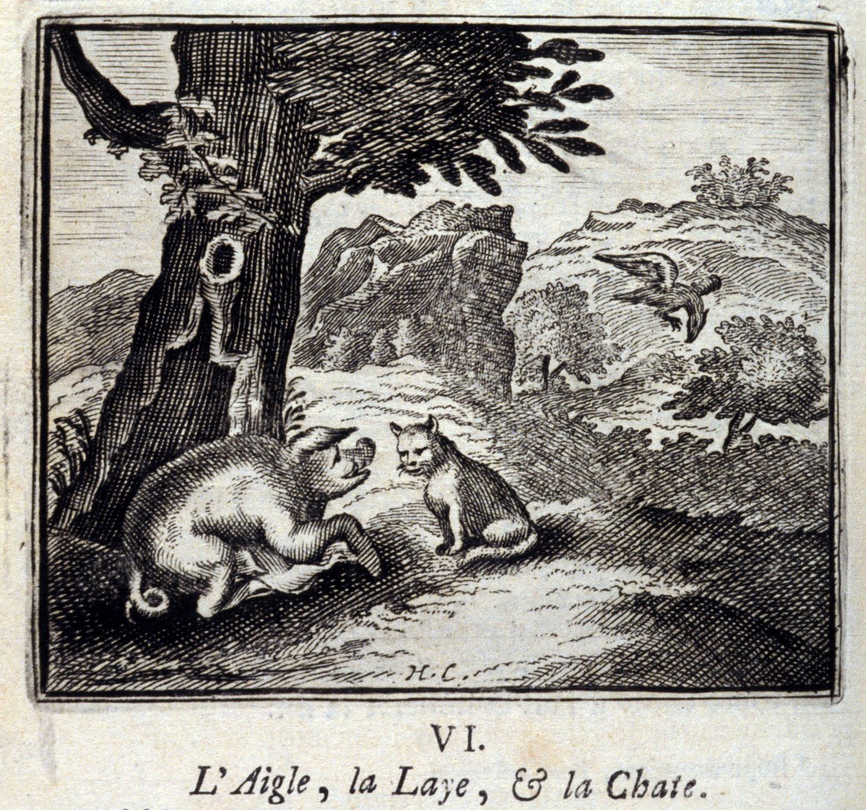 The Eagle the Laie and the Cat. Fables af Jean de La Fontaine (1621-95). Illustration af Francois Chauveau (1613-1676). Udgave af 1728. af Francois Chauveau