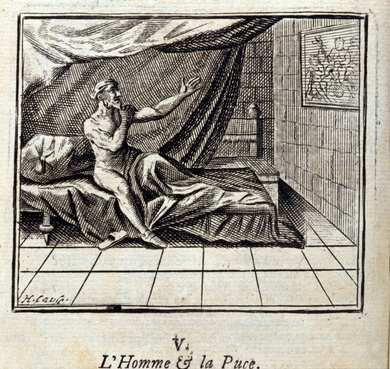 Manden og loppen. Fabler af Jean de La Fontaine (1621-95). Illustration af Francois Chauveau (1613-1676). Udgave af 1728. af Francois Chauveau