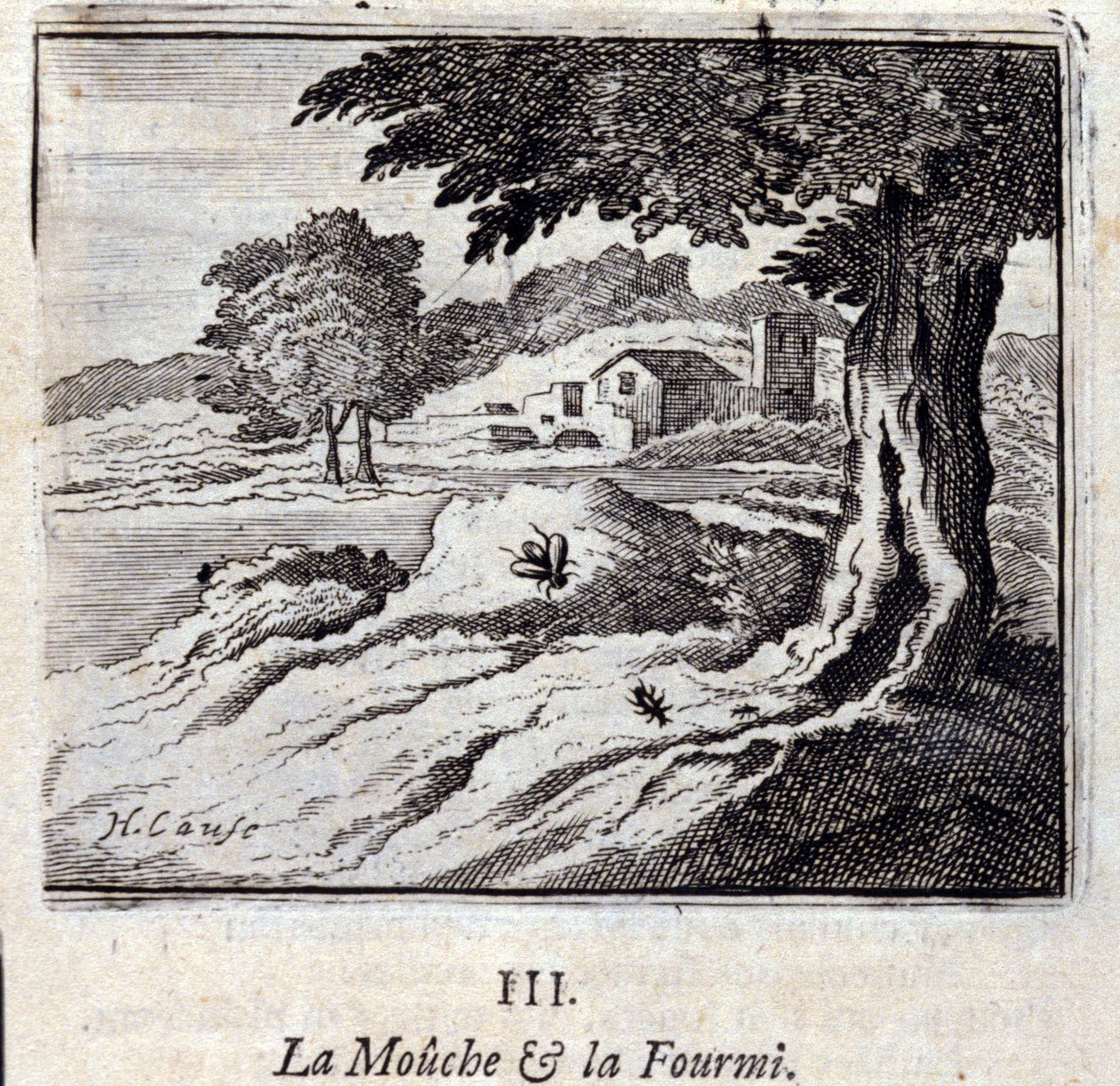 Fluen og myre-fablerne af Jean de La Fontaine (1621-95). Illustration af Francois Chauveau (1613-1676). Udgave af 1728. af Francois Chauveau