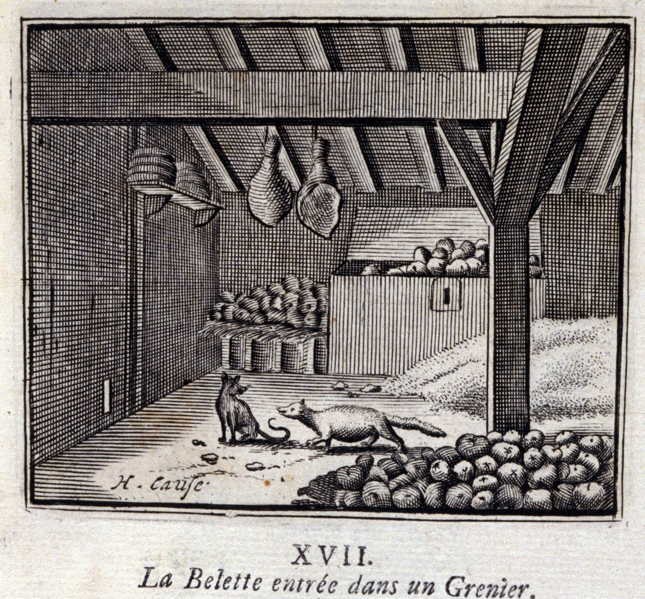 La Weasette kom ind i en Grenier. Fabler af Jean de La Fontaine (1621-95). Illustration af François Chauveau (1613-1676). Udgave af 1728. af Francois Chauveau