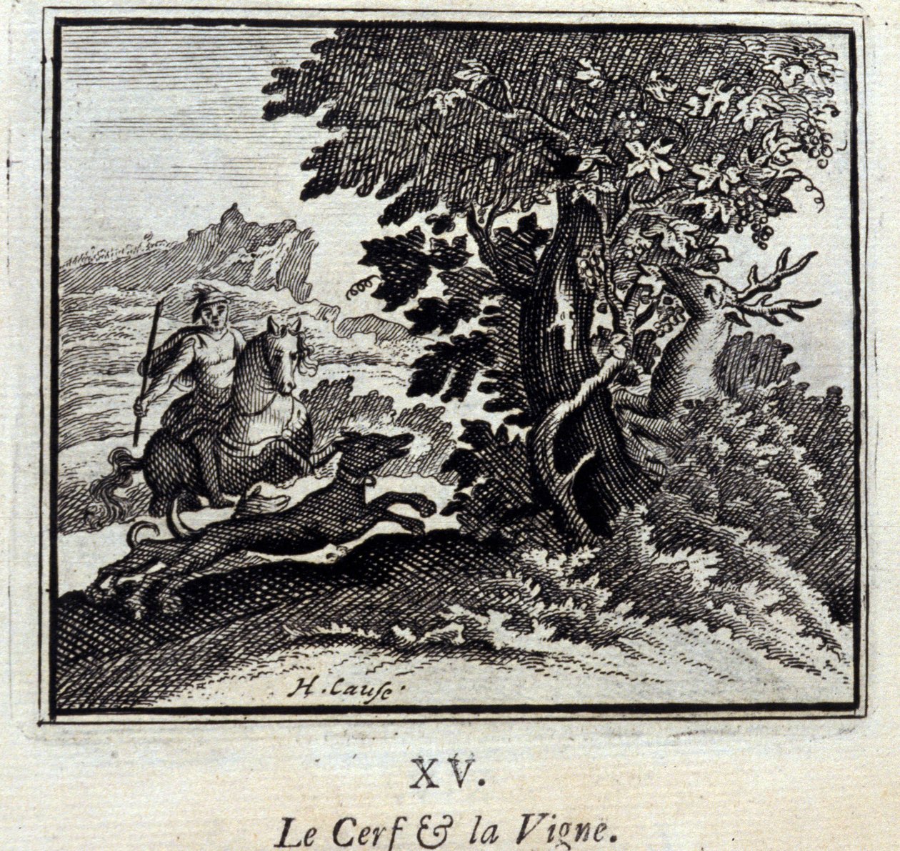 Hjorten og vinstokken Fabler af Jean de La Fontaine (1621-95). Illustration af François Chauveau (1613-1676). Udgave af 1728. af Francois Chauveau