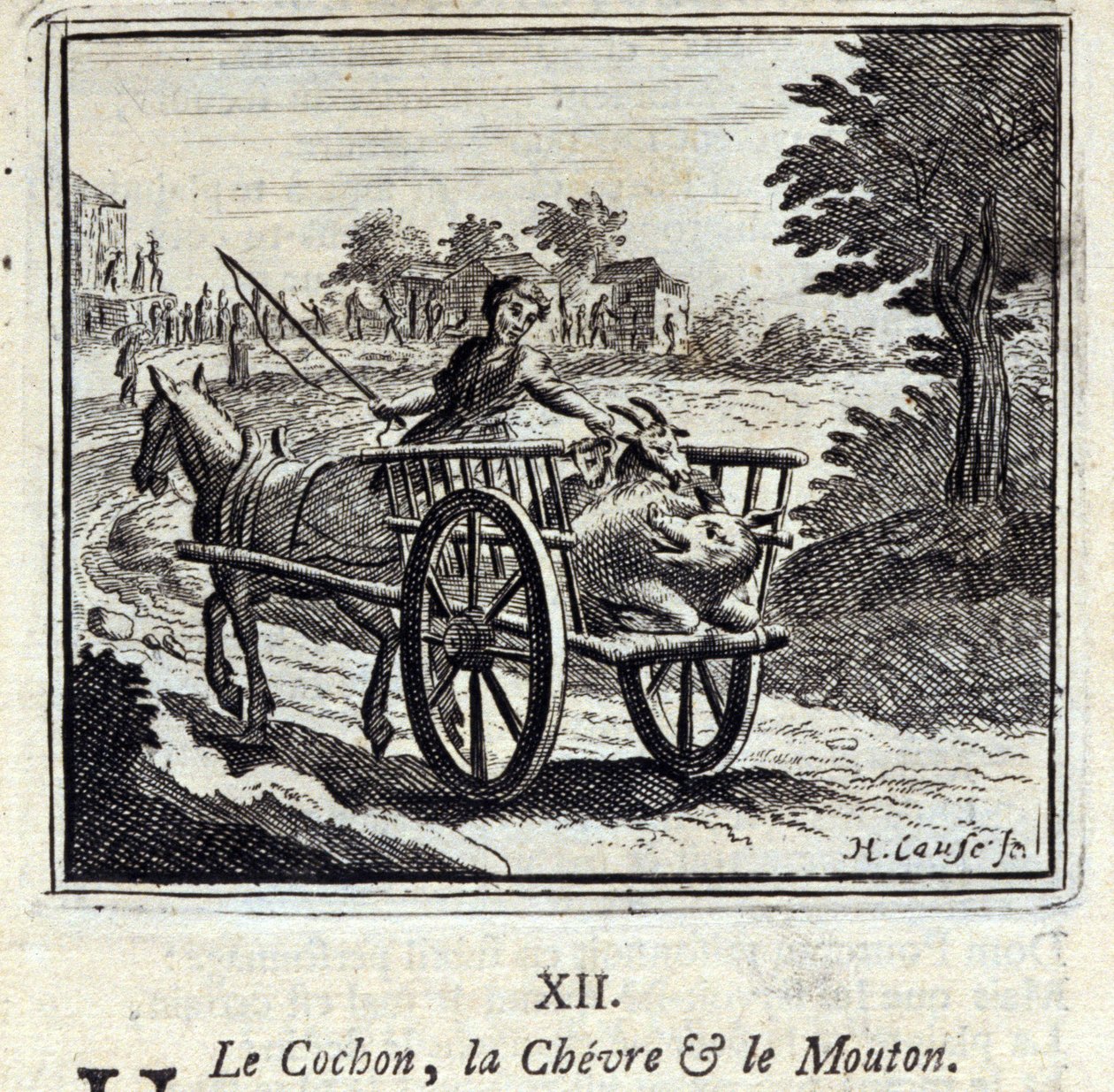 Svinen Geden og Mut.Fables af Jean de La Fontaine (1621-95). Illustration af Francois Chauveau (1613-1676). Udgave af 1728. af Francois Chauveau