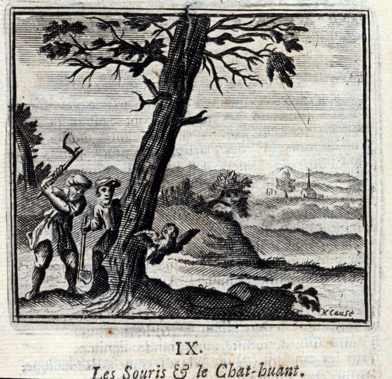 Musene og Huant-kattens fabler af Jean de La Fontaine (1621-95). Illustration af François Chauveau (1613-1676). Udgave af 1728. af Francois Chauveau