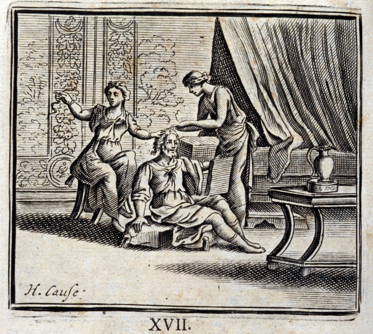 Mand mellem to aldre og hans to elskerinder. Fabler af Jean de La Fontaine (1621-95). Illustration af Francois Chauveau (1613-1676). Udgave af 1728. af Francois Chauveau