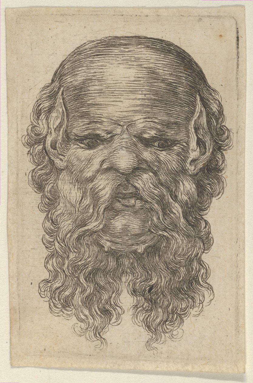 Maske af en skaldet mand med spidse ører og et langt, delt skæg, fra Divers Masques, ca. 1635-45. af Francois Chauveau