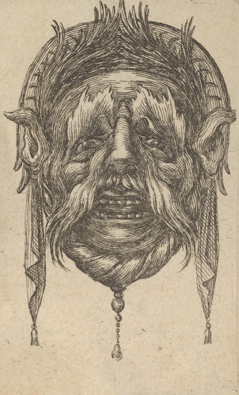 Maske med lange øjenbryn og overskæg og en hovedbeklædning med dinglende klud, fra Dive..., ca. 1635-45. af Francois Chauveau