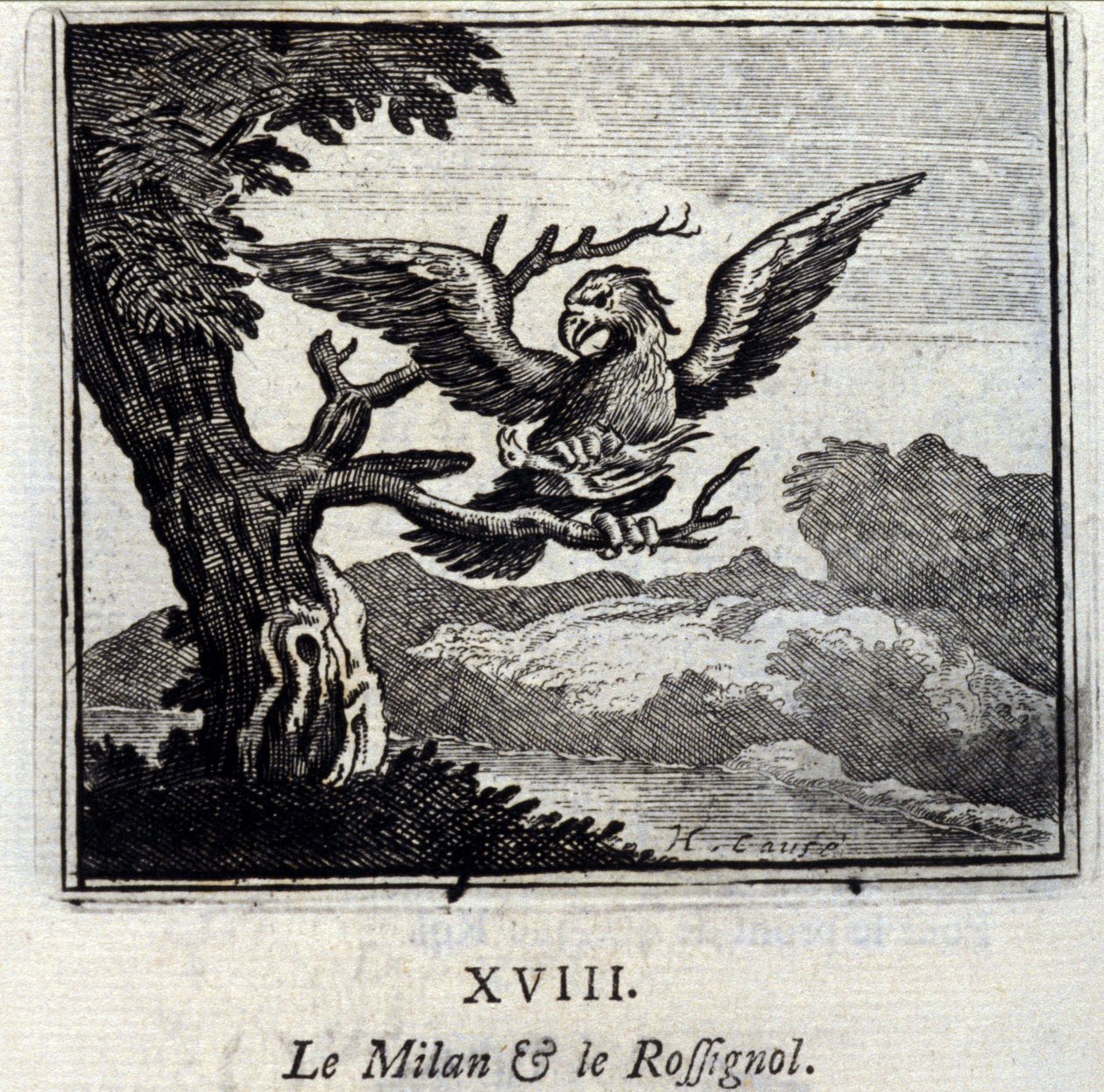 Milano og Nattergalen. Fabler af Jean de La Fontaine (1621-95). Illustration af Francois Chauveau (1613-1676). Udgave af 1728. af Francois Chauveau