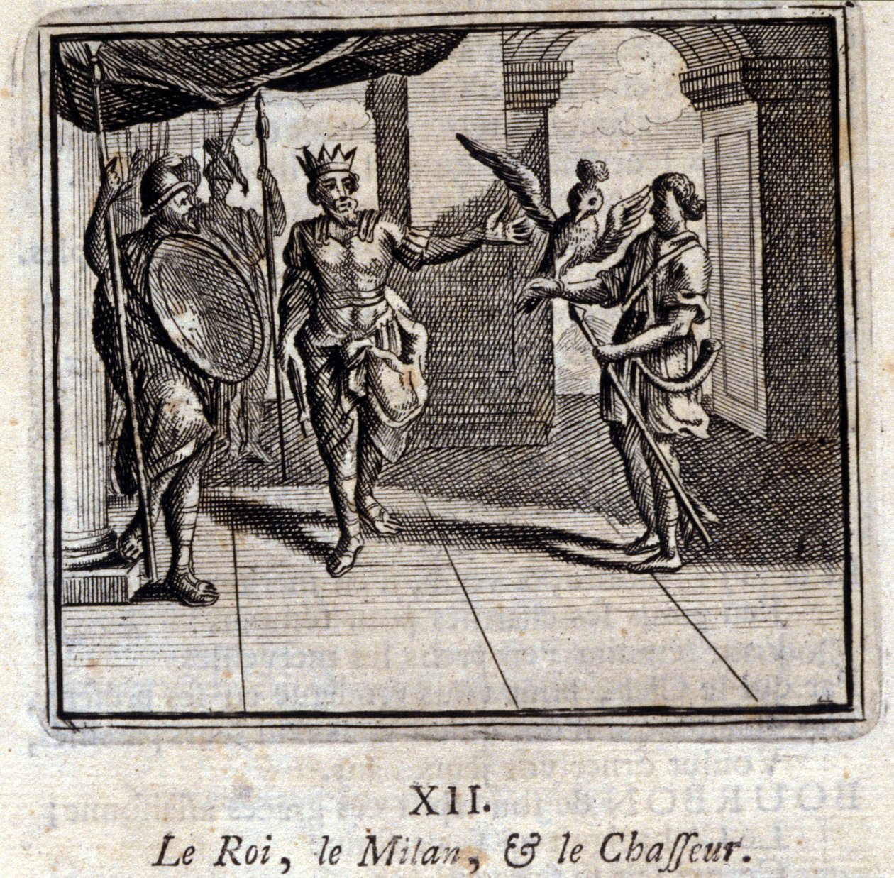 Kongen og jægeren Milan. Fabler af Jean de La Fontaine (1621-95). Illustrationer af François Chauveau (1613-1676). Udgave fra 1728. af Francois Chauveau
