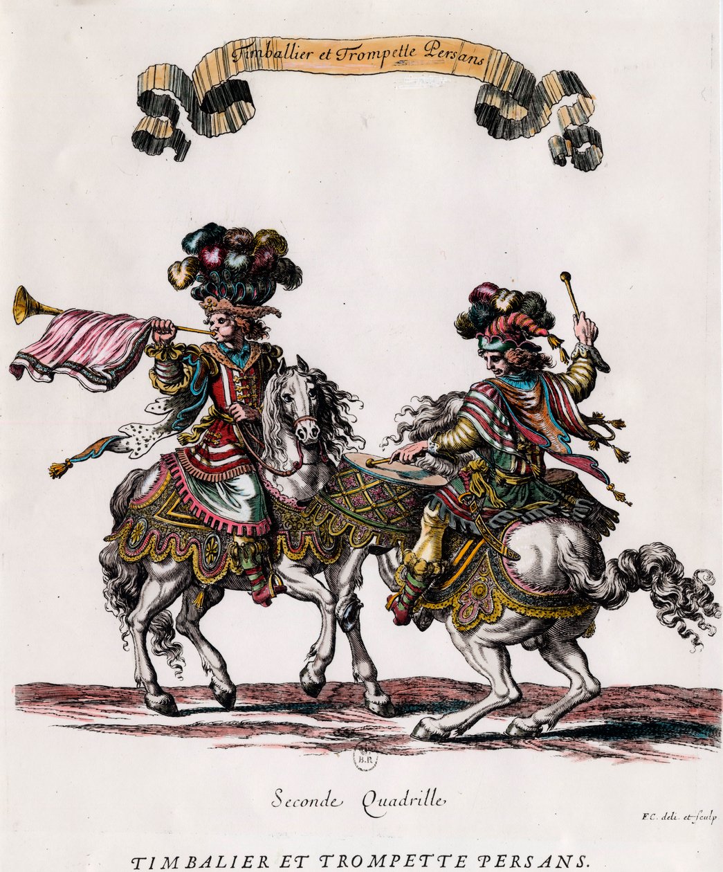 Persisk timbalier og trompet under karrusellen givet af kong Louis XIV (1639-1715) Gravering af Francois Chauveau (1613-1676) ca. 1662 Privat samling af Francois Chauveau