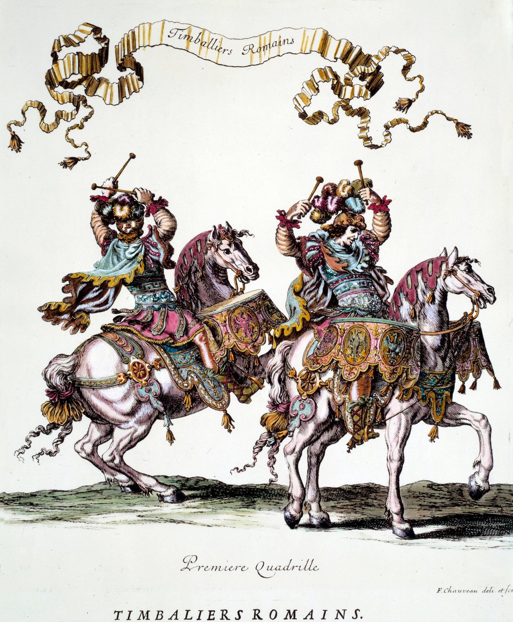 Romerske timbaliers under karrusellen givet af kong Ludvig XIV (1638-1715) i 1662 Gravering af Francois Chauveau (1613-1676) 1600-tallets privatsamling af Francois Chauveau