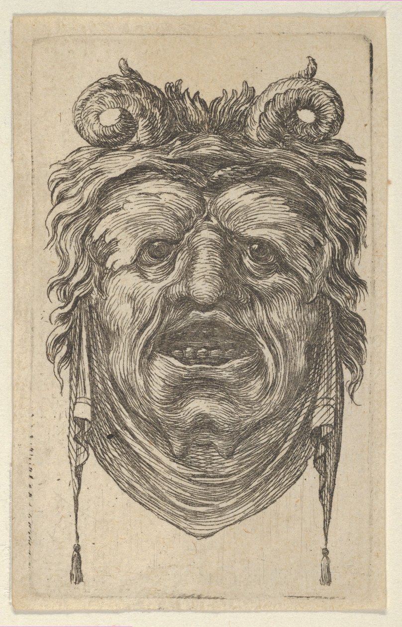 Satyrmaske med krøllede horn, bladrige øjenbryn og en klud, der hænger under hagen, ca. 1635-45. af Francois Chauveau